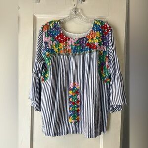 J. Marie Striped Blouse with Colorful Embroidery M